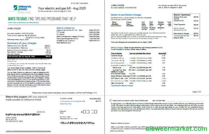 USA Delmarva Power utility bill template in Word and PDF formats, 5 pages, 1-2 pages